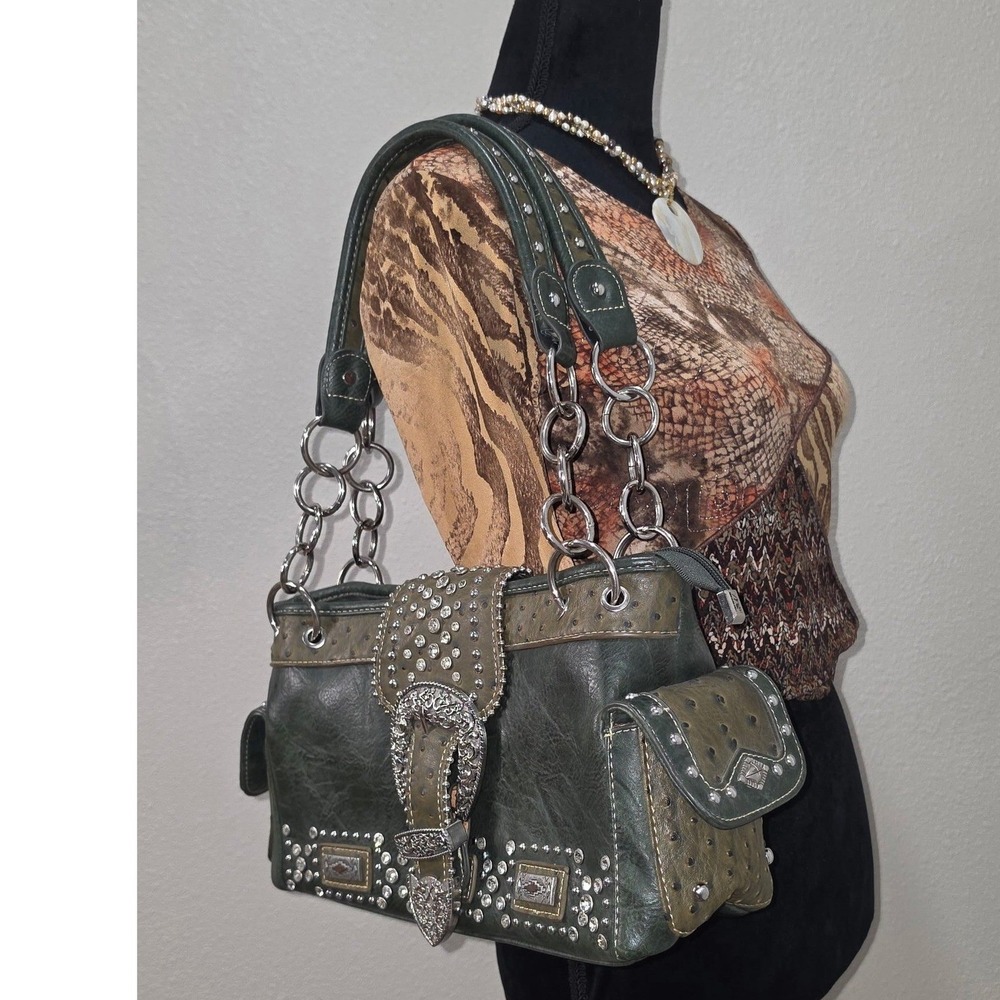 Montana West Dark Green Western Rhinestone Buckle Boho Shoulder Bag Festival
